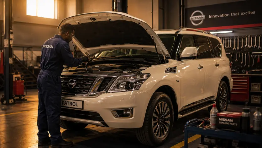 Entretien Nissan Djibouti — technicien certifié ACRIES réalisant une révision sur un Nissan Patrol blanc dans l'atelier officiel