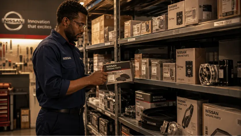 Pièces détachées Nissan Djibouti d'origine — technicien ACRIES avec composants OEM Nissan officiels dans l'atelier Boulevard Nelson Mandela