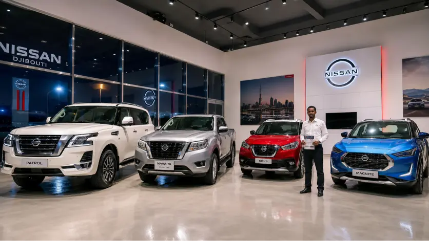 Prix Nissan Djibouti 2026 gamme complète Nissan alignée devant le Golfe de Tadjourah chez ACRIES