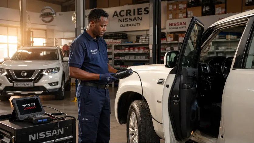Service après-vente Nissan Djibouti — technicien certifié ACRIES effectuant un diagnostic sur un Nissan Patrol dans l'atelier officiel