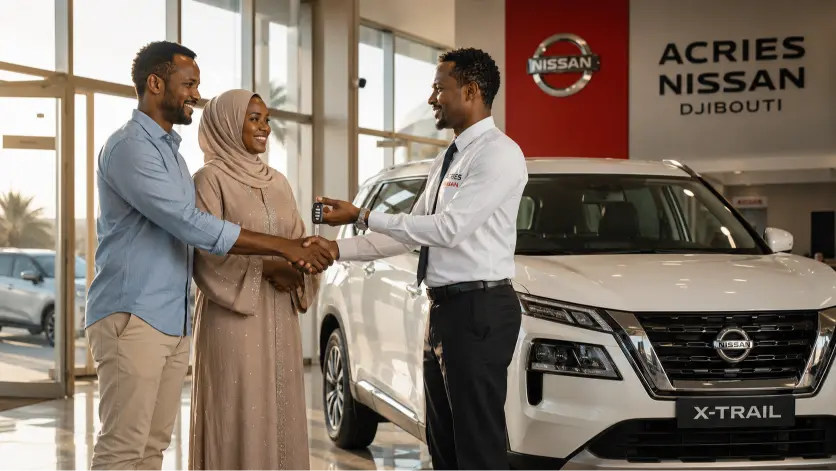 Acheter une Nissan à Djibouti— couple djiboutien recevant les clés d'un Nissan X-Trail blanc chez ACRIES, concessionnaire officiel Nissan