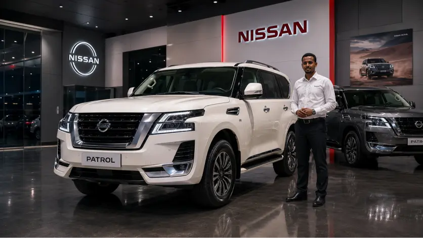 Nissan Patrol V8 à Djibouti blanc exposé dans le showroom ACRIES — roi du tout-terrain disponible chez le concessionnaire officiel Nissan