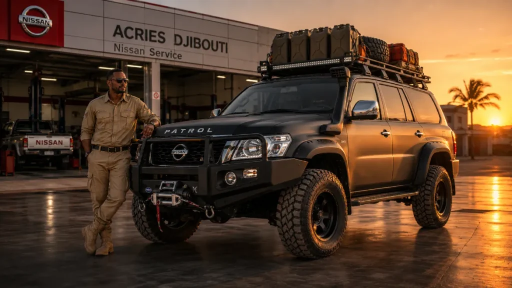 Accessoires Nissan à Djibouti — Nissan Patrol équipé galerie de toit, treuil et protections tout-terrain sur plateau volcanique au bord du Lac Assal