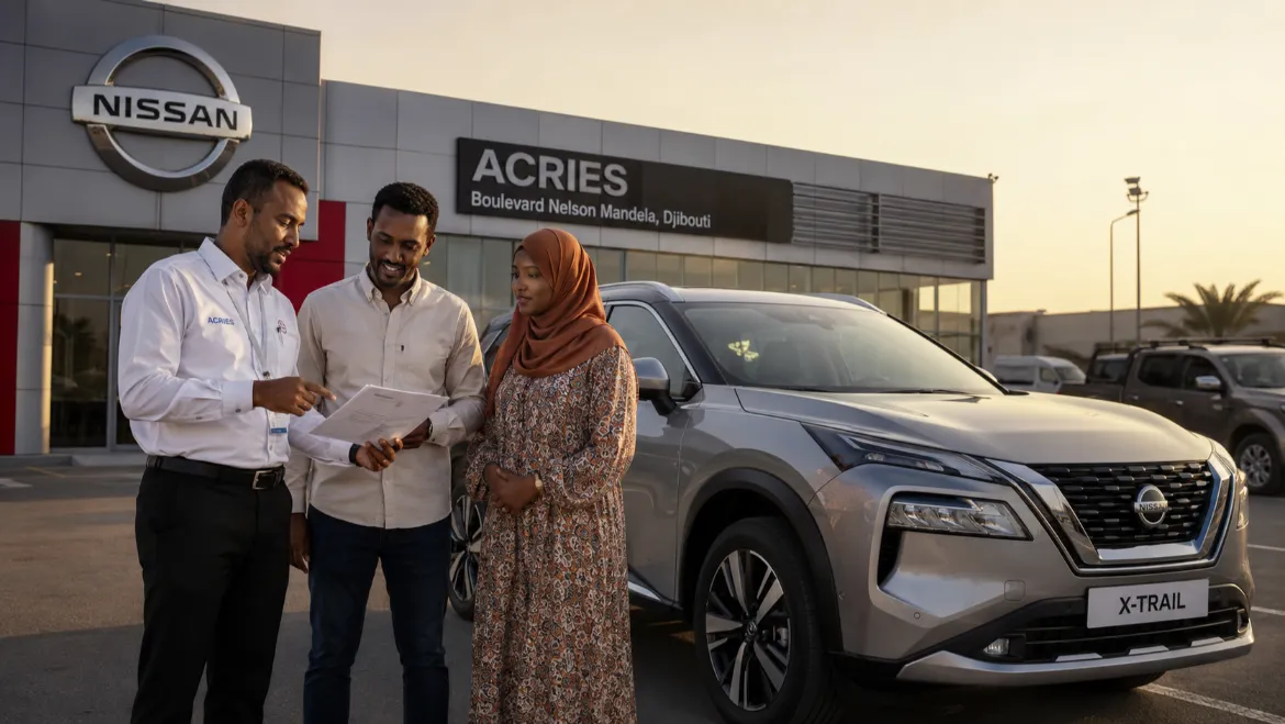 Garantie Nissan à Djibouti — conseiller ACRIES présentant la garantie constructeur à une famille djiboutienne devant un Nissan X-Trail neuf