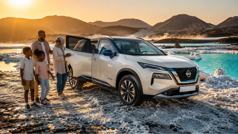 Nissan X-Trail à Djibouti — SUV familial 7 places e-Power hybride garé au bord du Lac Assal avec une famille djiboutienne