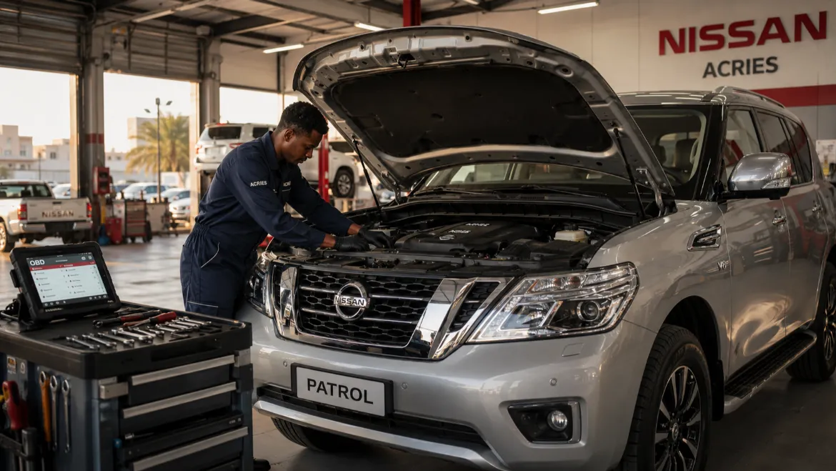 Révision Nissan à Djibouti — technicien ACRIES effectuant un entretien complet sur un Nissan Patrol dans le garage officiel nissan.dj