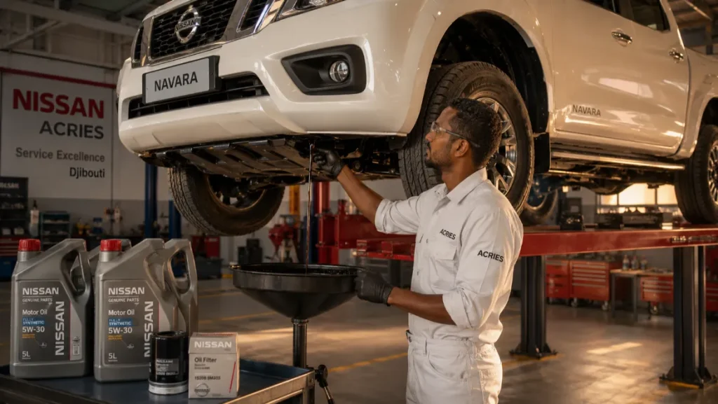 Vidange Nissan à Djibouti — technicien certifié ACRIES réalisant une vidange huile moteur sur un Nissan Navara Double Cab en atelier officiel