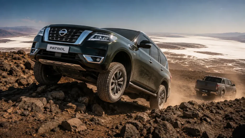 4x4 à Djibouti — Nissan Patrol V8 vert foncé en franchissement sur formation basaltique volcanique avec le Lac Assal en arrière-plan, disponible chez ACRIES sur nissan.dj