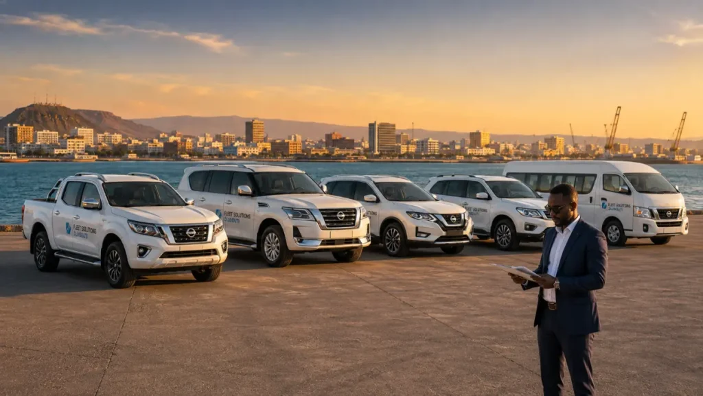 Flotte automobile à Djibouti — cinq véhicules Nissan alignés près du port de Djibouti avec le Golfe de Tadjourah en arrière-plan, disponibles chez ACRIES sur nissan.dj