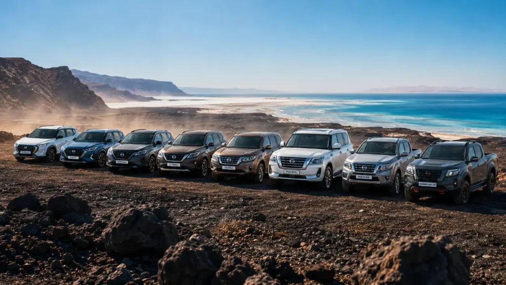 Meilleur SUV à Djibouti — gamme complète des 8 modèles Nissan alignés sur les plaines volcaniques du Lac Assal, disponibles chez ACRIES sur nissan.dj