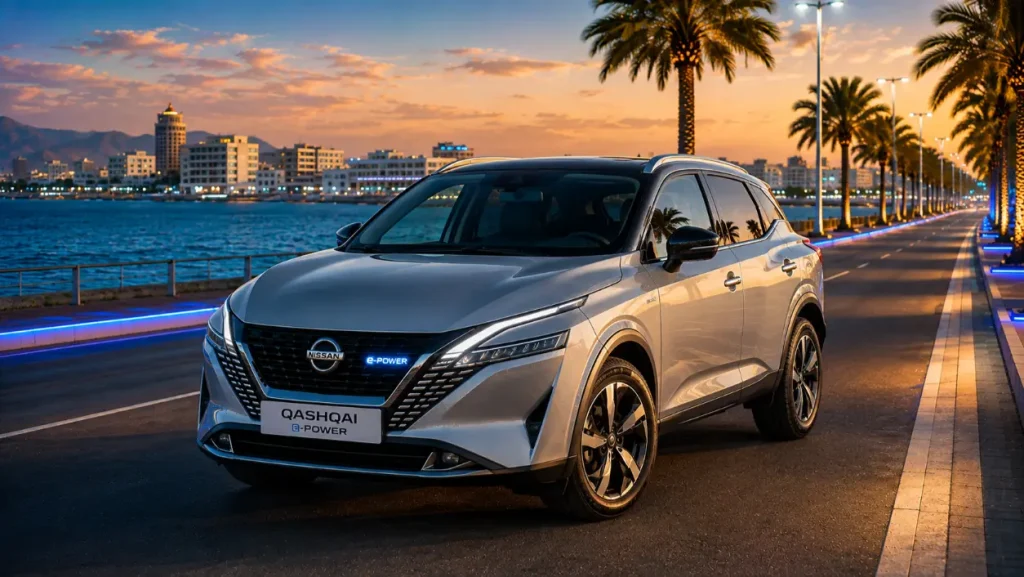 Nissan e-Power à Djibouti — Nissan Qashqai e-Power argent perlé sur boulevard de Djibouti-ville avec le Golfe de Tadjourah en arrière-plan, disponible chez ACRIES sur nissan.dj