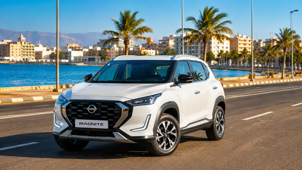 Nissan Magnite à Djibouti — SUV compact blanc perlé garé sur le boulevard de Djibouti-ville avec le Golfe de Tadjourah en arrière-plan