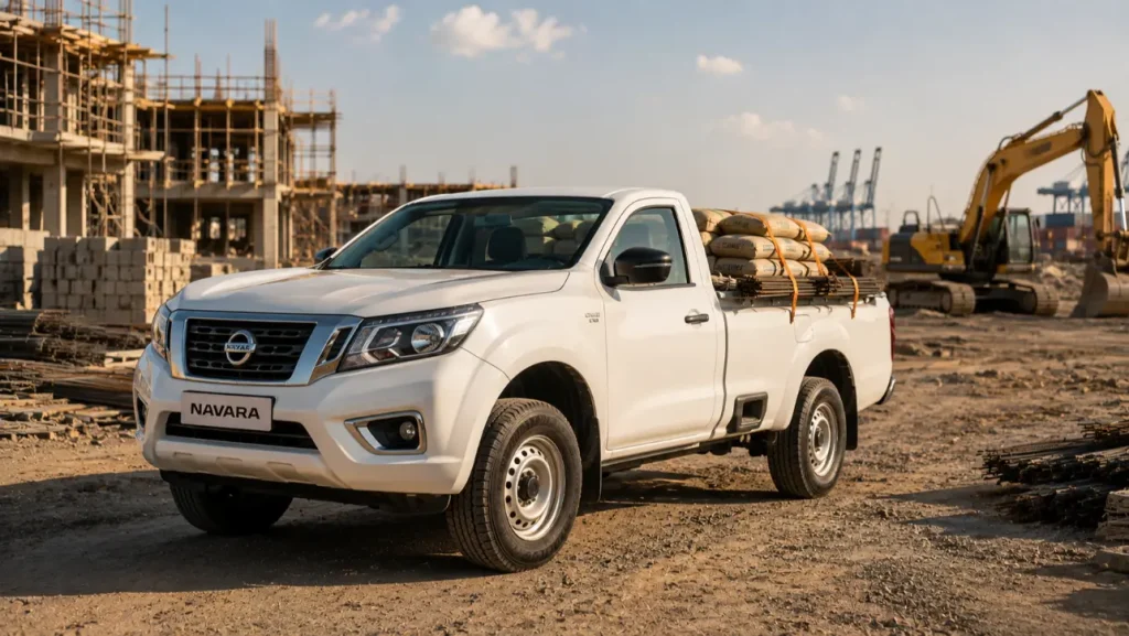 Nissan Navara Single Cabine à Djibouti — pick-up blanc chargé de matériaux de construction sur chantier de la zone industrielle, disponible chez ACRIES sur nissan.dj