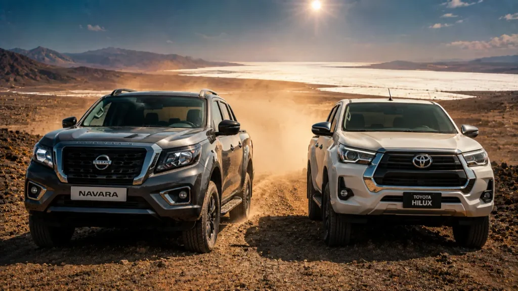 Nissan Navara vs Toyota Hilux à Djibouti — Nissan Navara Double Cab gris anthracite sur piste basaltique volcanique au bord du Lac Assal, disponible chez ACRIES sur nissan.dj
