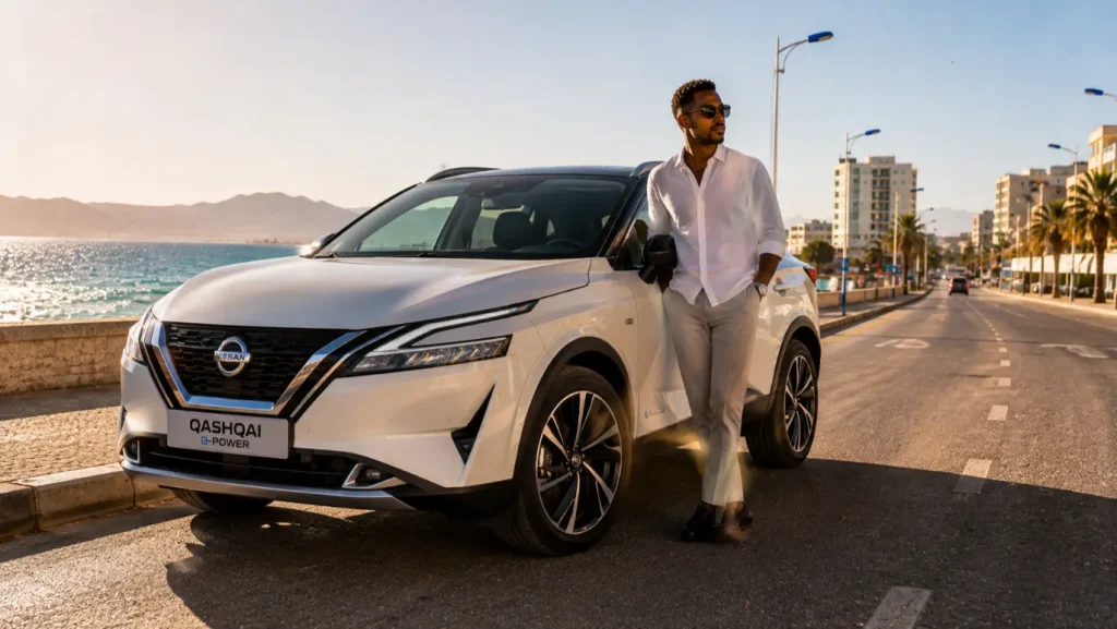 Nissan Qashqai e-Power à Djibouti — SUV hybride blanc nacré sur le boulevard de Djibouti-ville avec le Golfe de Tadjourah en arrière-plan