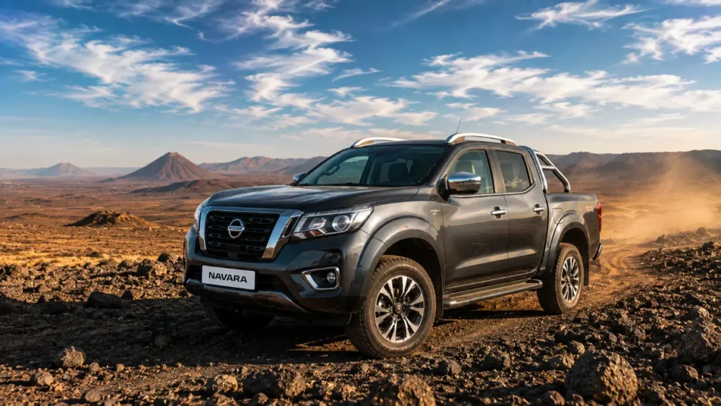 Pick-up à Djibouti — Nissan Navara Double Cab anthracite sur piste basaltique volcanique de la région d'Ali Sabieh, disponible chez ACRIES sur nissan.dj