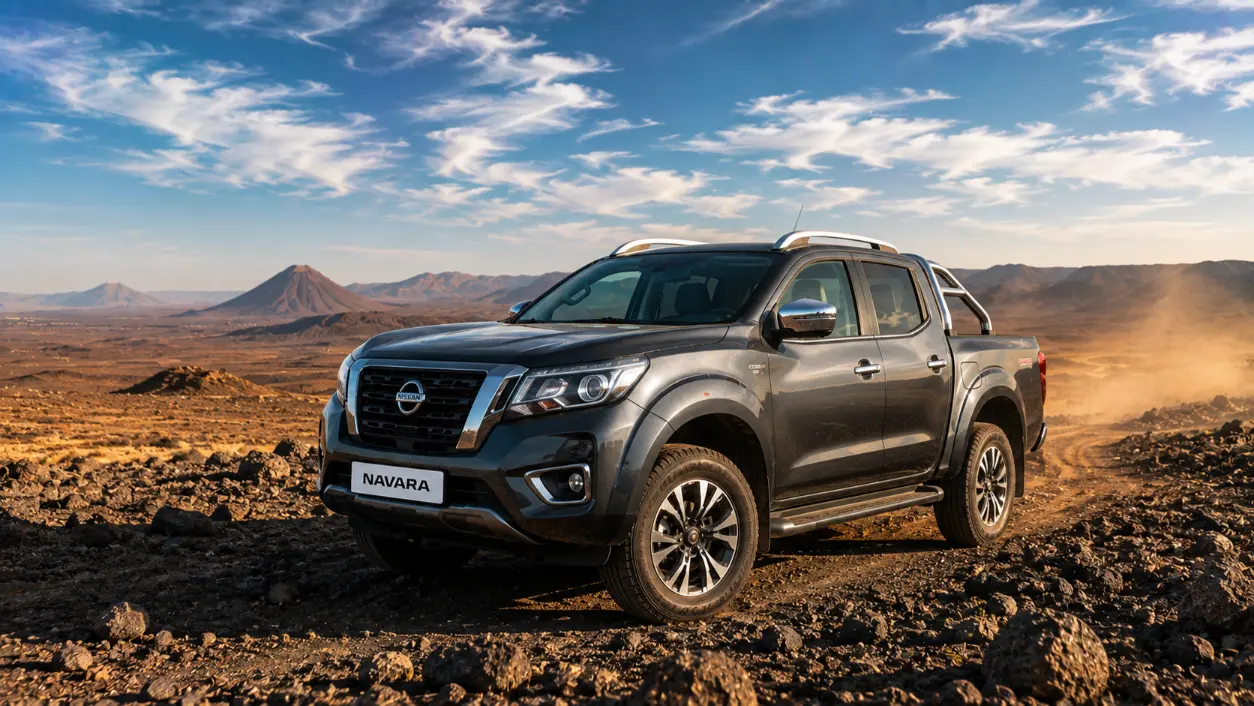 Pick-up à Djibouti — Nissan Navara Double Cab anthracite sur piste basaltique volcanique de la région d'Ali Sabieh, disponible chez ACRIES sur nissan.dj